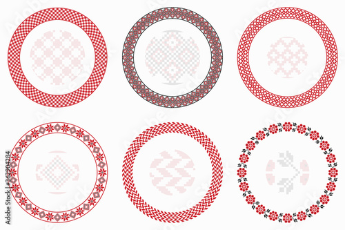 Slavic geometric round patterns set. Borders, frames. Vector illustration of round Slavic embroidery ornament elements with seamless pattern brushes