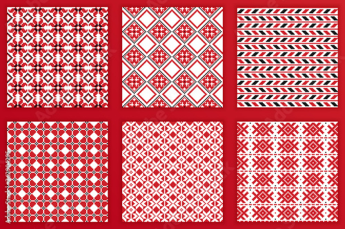 Slavic geometric seamless patterns set. Vector illustration of tileable Slavic embroidery backgrounds