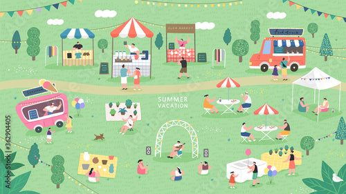 Summer fair festival food, Summer flea market. sale family festival event, marketplace and tent vector illustration
