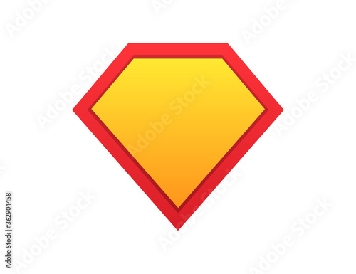 Superhero shield. Comic superman symbol. Guard icon in yellow and red gradient colors. Protection emblem. Super hero template with blank space. Cartoon banner of super power. Vector EPS 10.