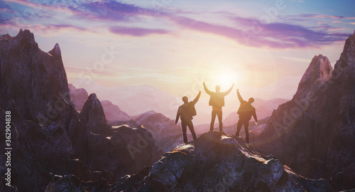 Group of peoples standing on mountain top over sunrise twilight background. Success and Leadership concept. 3d rendering