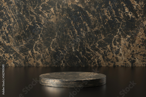 Black marble product display on luxury background with advertising backdrops. Empty pedestal podium for showing. 3D rendering.