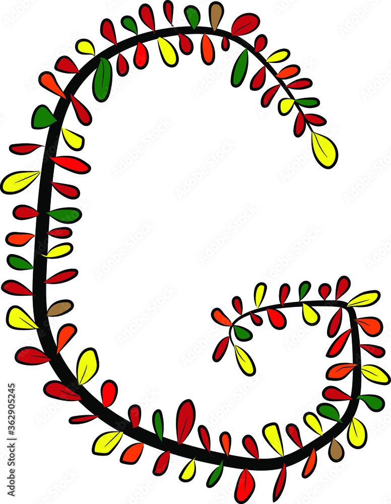 Colorful autumn Latin alphabet. The letter G is drawn by hand with a brush. Black branches and red, green, orange, yellow leaves. Foliage of a Bush. Vector image. Calligraphy and lettering.Eco, nature