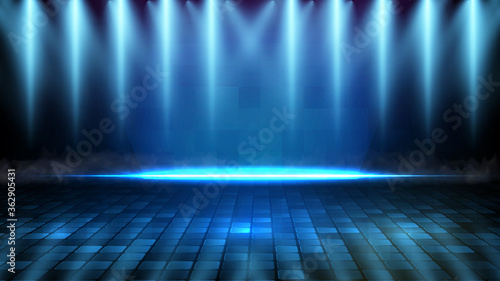 abstract futuristic background of blue empty stage and neon lighting spotlgiht stage background