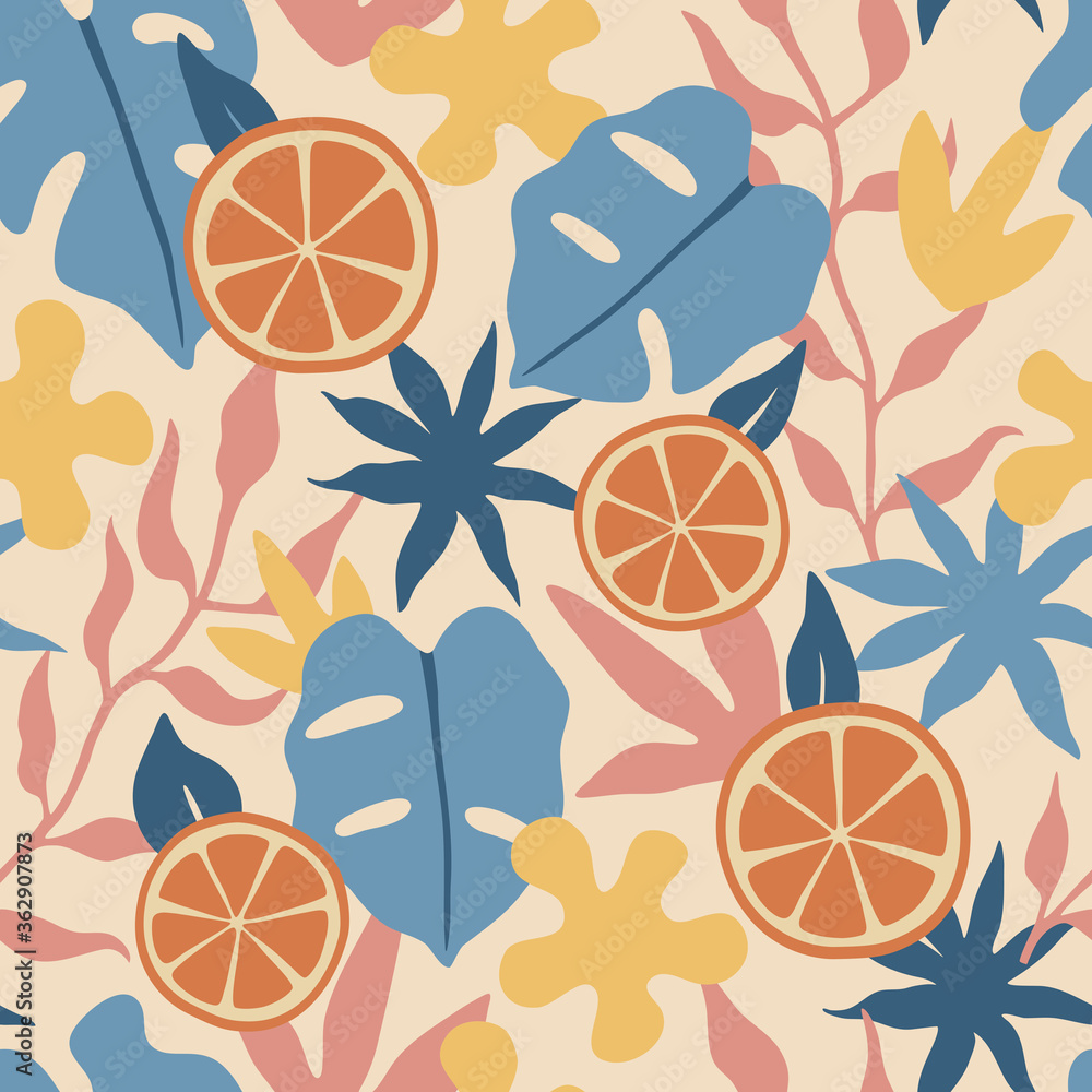 Colorful exotic seamless pattern, hand drawn trendy tropical monstera leaves, oranges and jungle plants in doodle style. Vector isolated illustrations, elements on light background. 