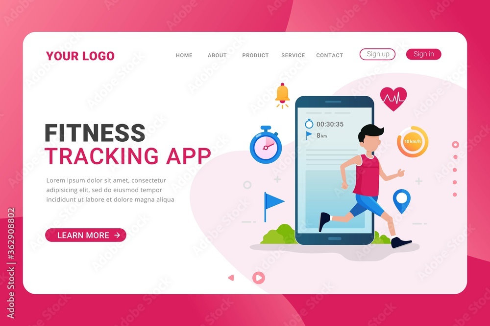 Landing page template fitness tracker app design concept