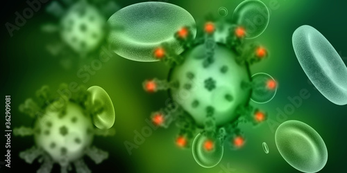 3d render Corona virus disease COVID-19. Microscopic view of a infectious virus