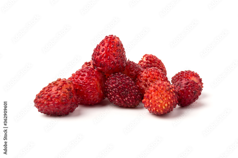 Macro view wild strawberry on white background. Forest red berries Macro view wild strawberry on white background. Forest red berries