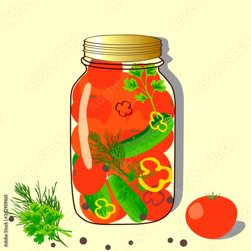 Canning. Glass jar with tomatoes and cucumber