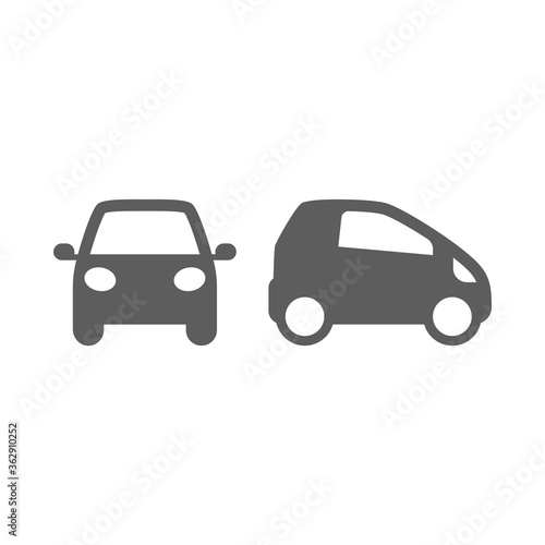 Car, front and profile, small design vector icon. Automobile simple black pictogram symbol.
