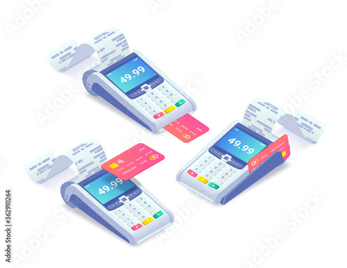 Cashless payment via credit card isometric concept set. 3d payment machine printing check with plastic debit card isolated on white. Success NFC payment transaction. Vector illustration