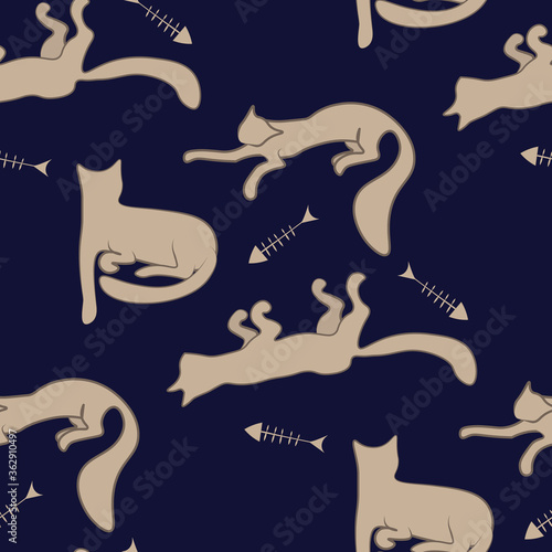 Doodle seamless pattern cats and fish skeletons