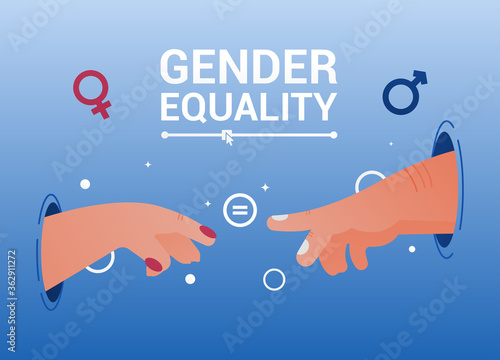 Vector concept of gender equality. Male and female hand are drawn to gender equality in order to stop constant disputes and protests in the world. Beautiful vector illustration in a gradient. EPS 10.