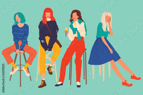 Diverse women faces, women different style, women sitting on chair
