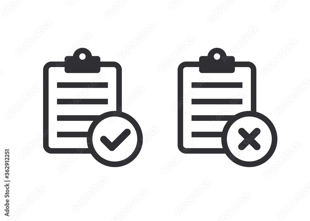 Document icon. Paper icon. Check mark. cross signs. Checkmark OK and X icons. Symbols YES and NO. Reject file. Accept document. Unaccepted document. Clipboard icon. Task done. Project completed. Task Document icon. Paper icon. Check mark. cross signs. Checkmark OK and X icons. Symbols YES and NO. Reject file. Accept document. Unaccepted document. Clipboard icon. Task done. Project completed. Task