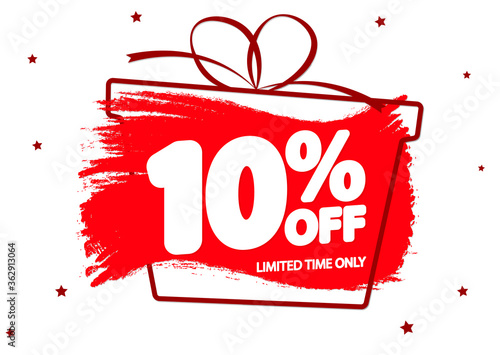Sale 10% off, banner design template, discount tag, grunge brush, lowest price, vector illustration