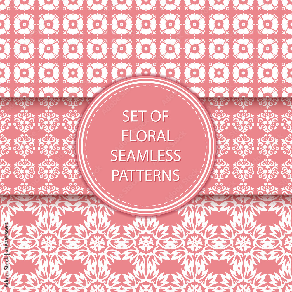 Naklejka premium Pink and white floral seamless backgrounds. Compilation of patterns
