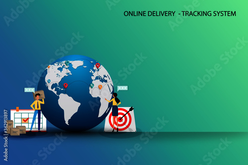 Business concept of online delivery with tracking system, businessman and woman are working and focus on the map and route of shipments to track and deliver the goods to customer on time.