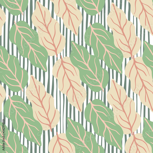 Fototapeta Naklejka Na Ścianę i Meble -  Botanical leaves seamless pattern on stripes background. Green foliage endless wallpaper.
