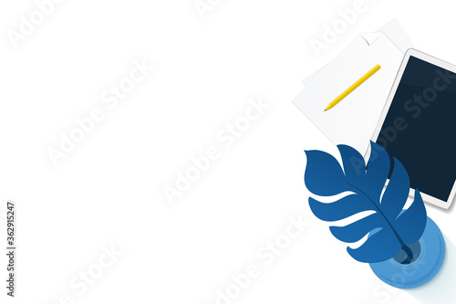 Desk work space vector mock up set. Flat lay top view on realistic tablet, paper, pen and monstera leaf. Home office stationery for freelance, distant work and online studying concept.