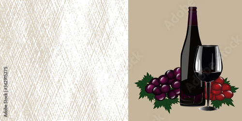 Bottle of wine, glass, bunch of grapes - abstract background - vector. Holidays. Gift idea. Banner