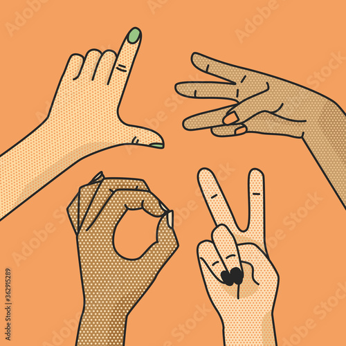 Fingers show the inscription love. Hands gestures of human. Love and peace. Vector Illustration for prints, postcards.