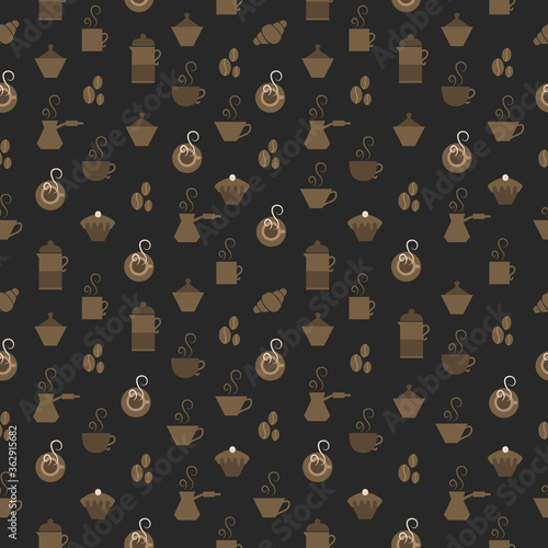 Seamless pattern with coffee beans, turkish, croissant, cupcake, teapot, cup. Icons for coffee shop, restaurant or menu. Can be used for wallpaper, web page background, surface textures.