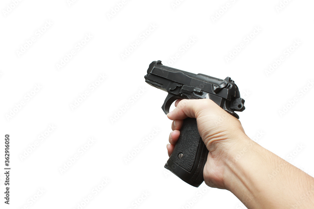 Pistol handgun weapon in hand in first person view isolated on white background Pistol handgun weapon in hand in first person view isolated on white background