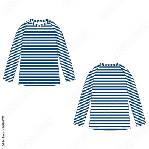 Childrens technical sketch navy blue stripe raglan sweatshirt isolated on white background. KIds wear jumper design template. Front and back view.