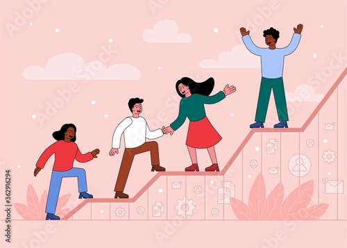 Flat vector illustration of young diverse men and women helping each other on their way to success. Concept of teamwork and business growth.