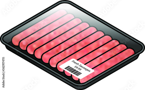 A tray of 10 fresh sausages covered with cling film with a price sticker. Pink/red meat. Beef, pork, veal, turkey.