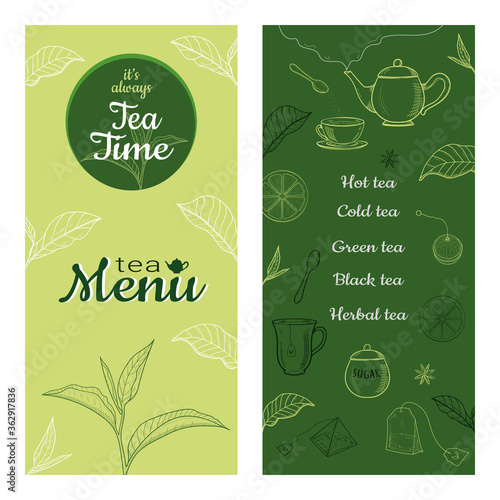 Set of tea vintage banners. Hand drawn sketch illustrations. Menu design backgrounds. Restaurant tea menu, template design. Food flyer.