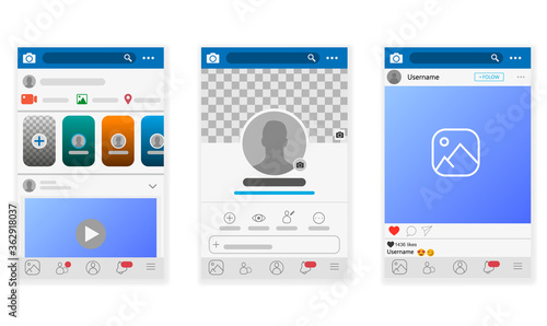 Social media network. Mobile app with photos and story tile template. User profile, news, notifications and post mock up. Vector illustration template.