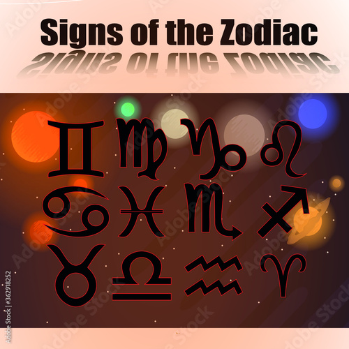 Set of zodiac signs (Aries, Taurus, Gemini, Cancer, Leo, Virgo, Libra, Scorpio, Sagittarius, Capricorn, Aquarius and Pisces) The order of the astrological signs. Constellations. Vector.