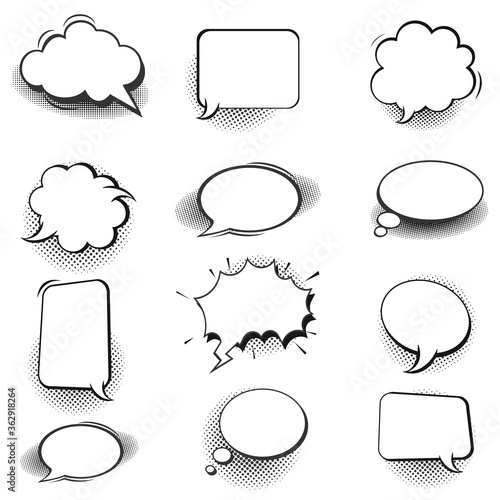 Retro empty comic bubbles and elements set with black halftone shadows on white background. Vector illustration, vintage design, pop art style.