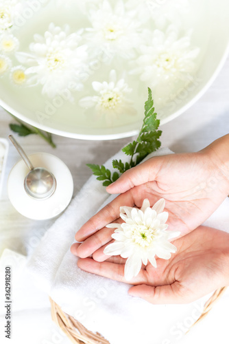Spa beauty massage health wellness. Spa Thai therapy treatment aromatherapy for nail and hands woman with white flower nature candle for relax and summer time.