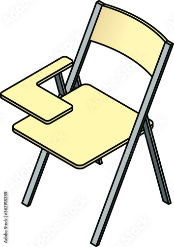 A school / folding chair with an armrest table/desk. Right handed desk.
