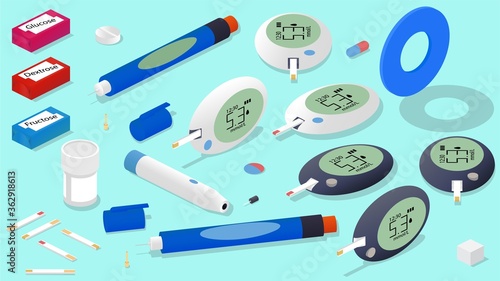 Isometric glucose monitoring set. Glucometer, insulin pen, test strips, lancet, pills, sugar cube and blue symbol for diabetes.