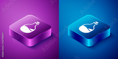 Isometric Old bottle of wine icon isolated on blue and purple background. Square button. Vector.