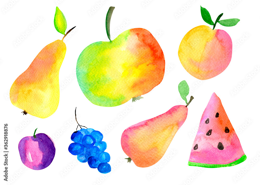 Red, yellow and orange juicy fruit hand painting illustration. Watercolor pear, apple, peach, watermelon, grapes, plum, set isolated on white background. Red, yellow and orange juicy fruit hand painting illustration. Watercolor pear, apple, peach, watermelon, grapes, plum, set isolated on white background.