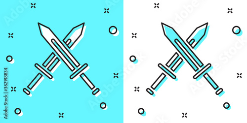 Black line Crossed medieval sword icon isolated on green and white background. Medieval weapon. Random dynamic shapes. Vector.