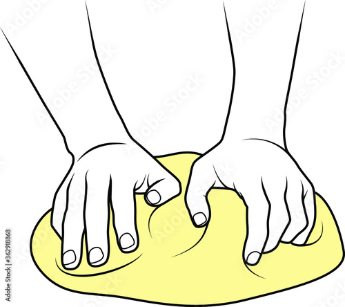 Two hands kneading pale yellow dough.