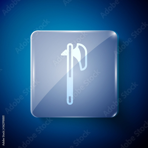 White Medieval axe icon isolated on blue background. Battle axe, executioner axe. Medieval weapon. Square glass panels. Vector.