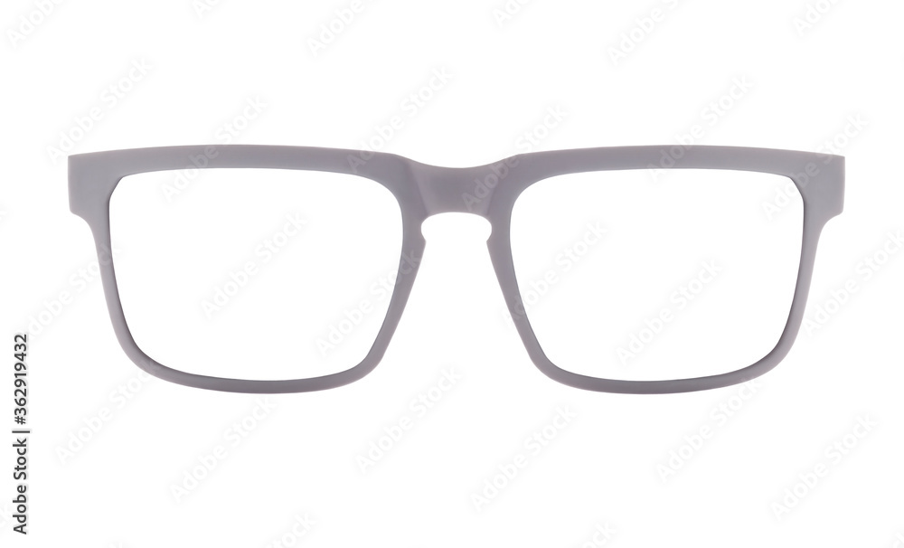 Front view of gray frame glasses isolated on white background. Studio shot. Front view of gray frame glasses isolated on white background. Studio shot.