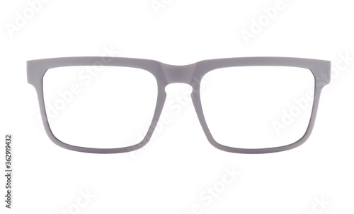 Front view of gray frame glasses isolated on white background. Studio shot. 