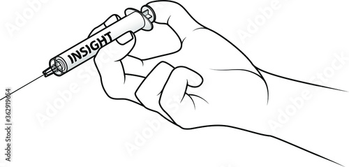 Hand holding a syringe. Concept: injecting insight.