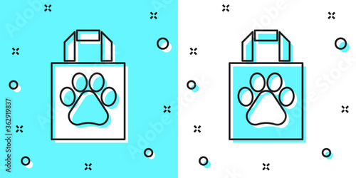 Black line Shopping bag pet icon isolated on green and white background. Pet shop online. Animal clinic. Random dynamic shapes. Vector.