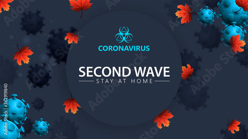 Coronavirus, second wave, stay at home, blue banner with 3D coronavirus molecules, maple leafs and warning sign. COVID-19, second wave concept. Coronavirus 2019-nCoV.