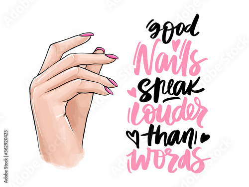 Vector Beautiful woman hands with pink nail polish. Handwritten lettering about nails and manicure.