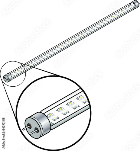 An LED tube "fluorescent" lamp with an array of LED elements. Inset shows magnified detail.